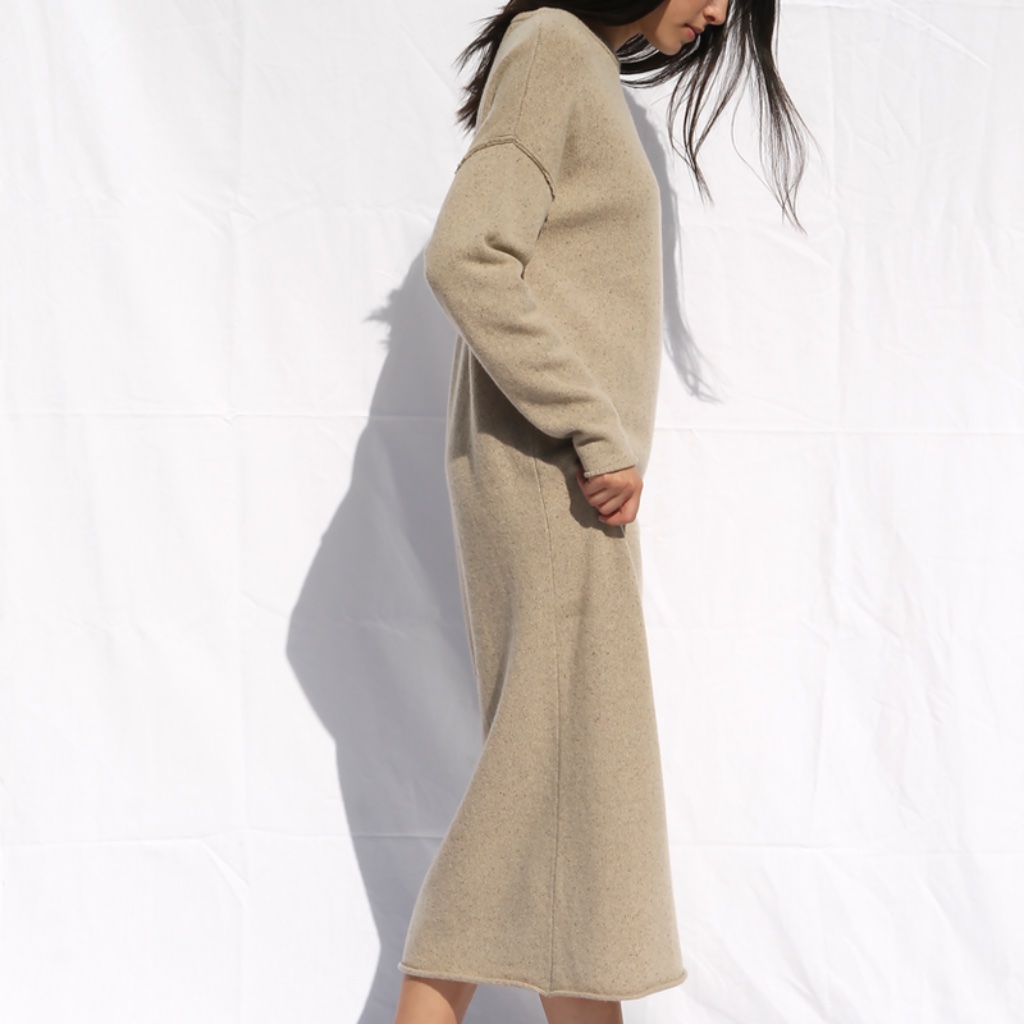 Micaela Greg Speckle Camel Sweater Dress Cozy Fine Merino Wool Effortless M L